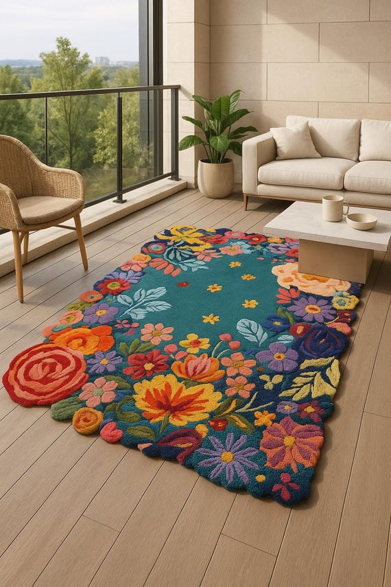 Modern Hand Tufted Wool Rug -Floral Botanical Bloom Design
