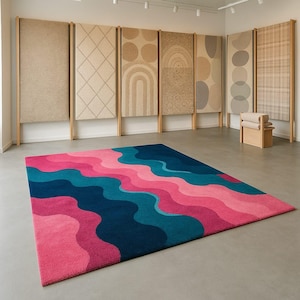 Hand-Tufted New Zealand Wool Rug: Retro Wavy Color Blocks