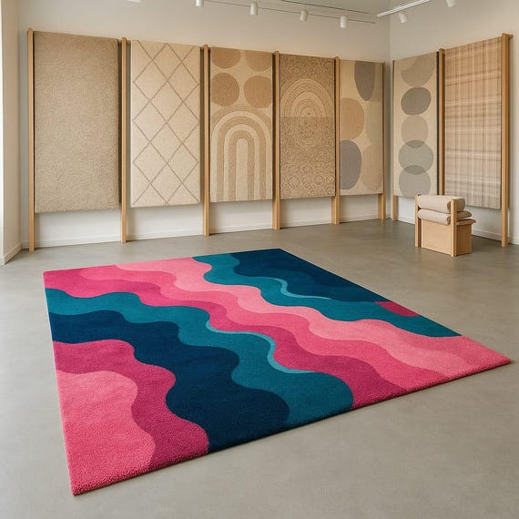 Hand Tufted New Zealand Wool Rug: Retro Wavy Color Blocks
