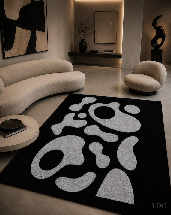 Hand Tufted Abstract Rug, Black Silver Modern Area Rug, Contemporary Wool Carpet
