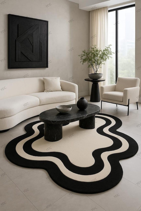 Hand-Tufted New Zealand Wool Rug: Black & Cream Irregular Wave