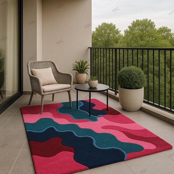 Hand Tufted Abstract Wool Rug: Pink, Teal & Navy Waves