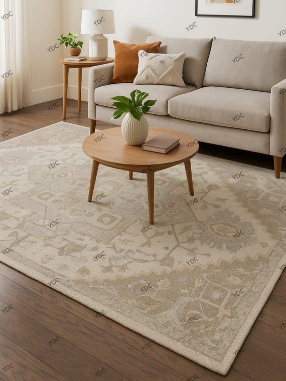 Hand-Tufted Wool Rug: Beige & Gray Oriental Medallion Floral Carpet