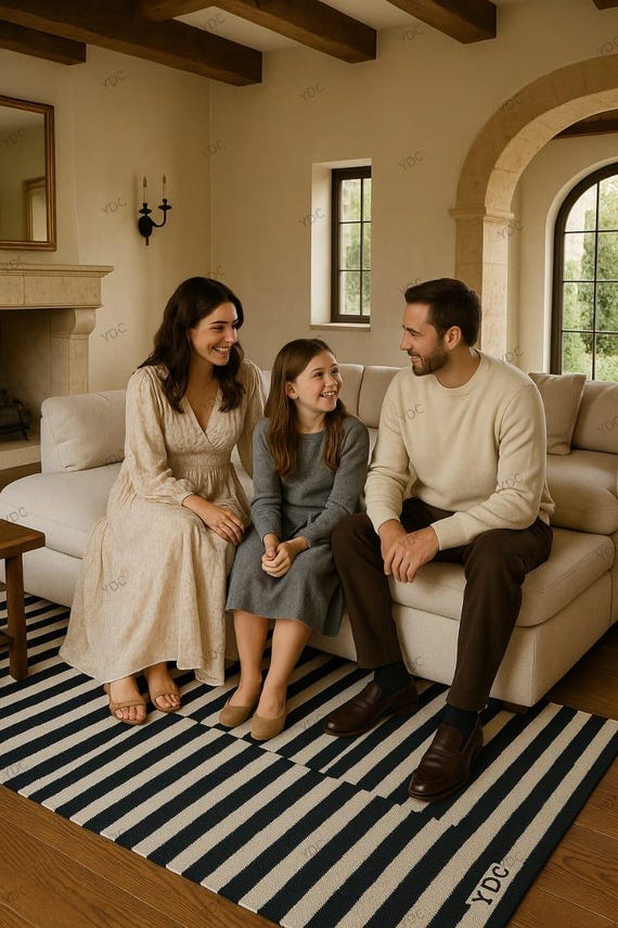 Handwoven Flatweave Dhurrie Carpet | Black and Ivory Horizontal Stripes | Large Area Rug