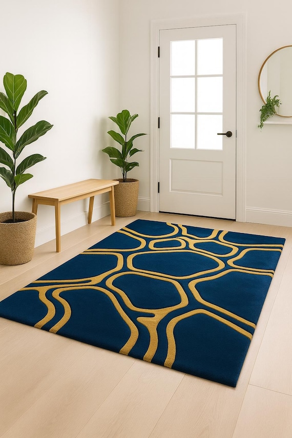 Hand Tufted Abstract Area Rug – New Zealand Wool Blue & Gold