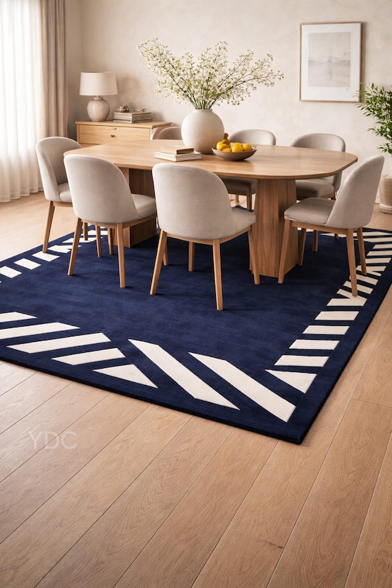 Navy Blue Geometric Border Rug, Hand Tufted New Zealand Wool Area Carpet