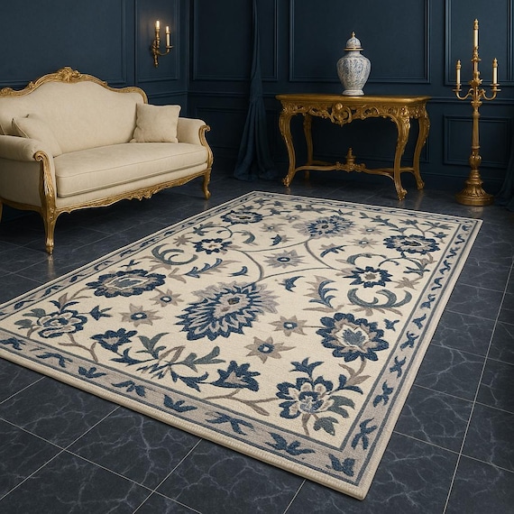 Modern Hand Tufted Wool Rug: Floral Blue, Grey, Ivory
