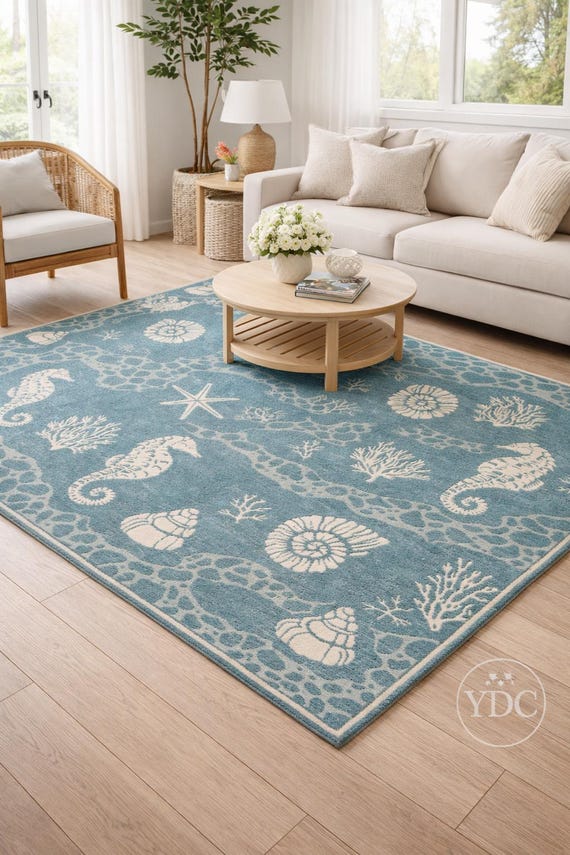Hand Tufted Coastal Blue Area Rug – Nautical Living Room & Bedroom Décor