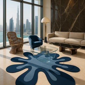 Op de afbeelding: Een moderne woonkamer met een groot, abstract blauw tapijt met een unieke vorm. De kamer omvat een beige bank, een glazen salontafel en een blauwe fauteuil. Een geweven stoel en een vloerlamp zijn ook aanwezig, met uitzicht op de skyline door de ramen.