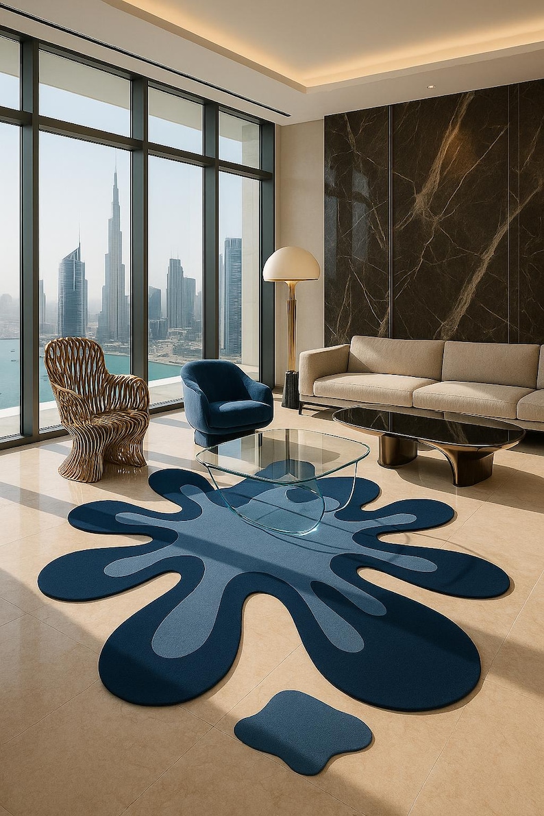 Op de afbeelding: Een moderne woonkamer met een groot, abstract blauw tapijt met een unieke vorm. De kamer omvat een beige bank, een glazen salontafel en een blauwe fauteuil. Een geweven stoel en een vloerlamp zijn ook aanwezig, met uitzicht op de skyline door de ramen.