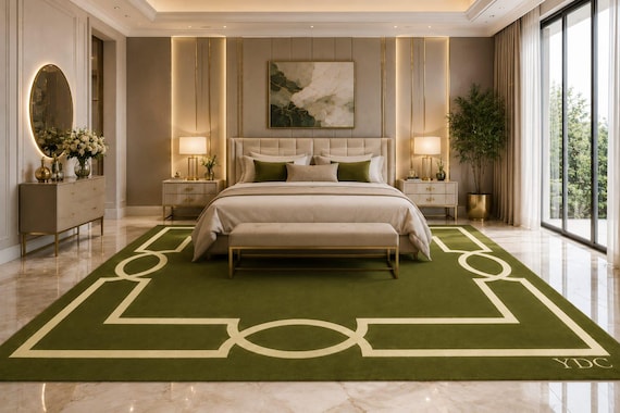 Hand Tufted Olive Green Wool Area Rug, Modern Minimalist Border Carpet