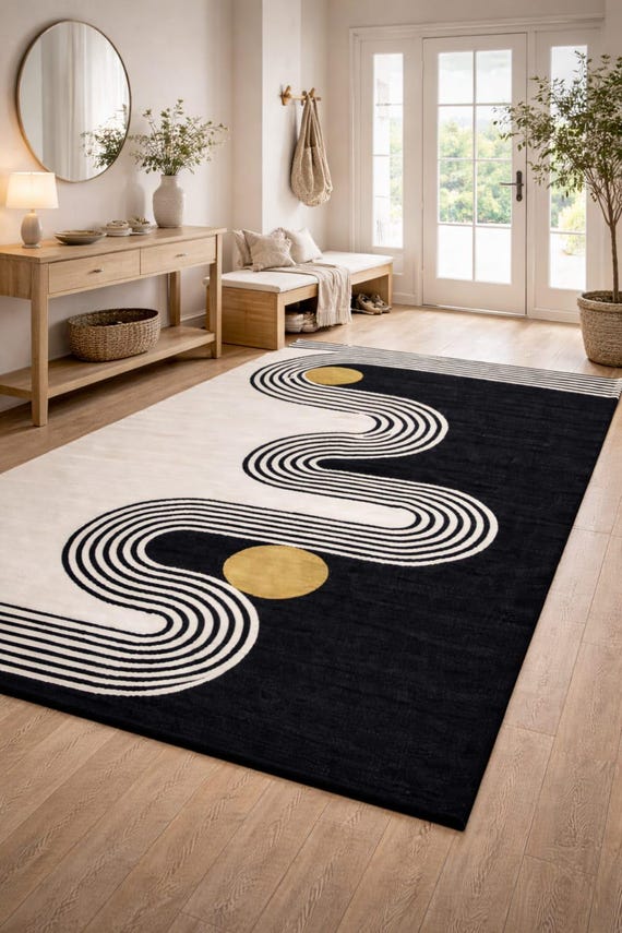 Black Beige Abstract S Curve Rug, Art Deco Hand Tufted New Zealand Wool Carpet