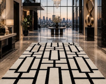 Hand Tufted Geometric Rug, Black White Modern Wool Area Carpet, Art Deco Rug
