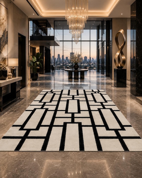 Hand Tufted Geometric Rug, Black White Modern Wool Area Carpet, Art Deco Rug
