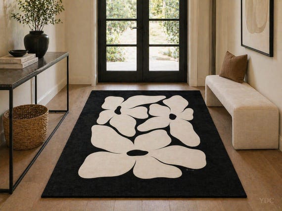 Black Light Beige Floral Rug, Hand Tufted New Zealand Wool Modern Area Rug