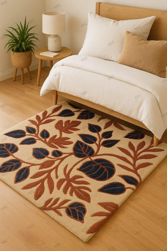 Botanical Wool Rug • Modern Leaf Pattern Area Carpet • Custom Size Nature Inspired Rug