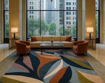 Op de afbeelding: Een moderne woonkamer met een groot raam met uitzicht op de skyline van een stad. De kamer heeft een beige bank, twee oranje fauteuils, een salontafel en een tapijt met een patroon met abstracte bladmotieven in tinten blauw, groen, bruin en beige.