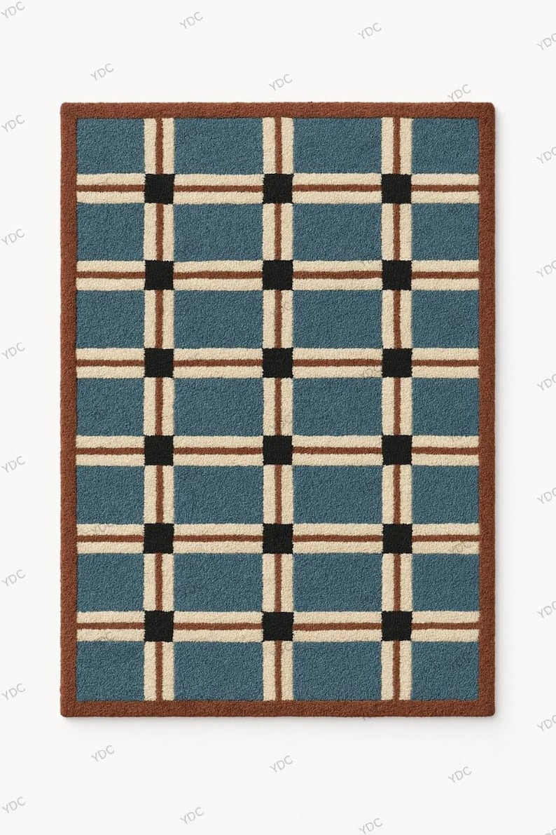 Blue Checked Rug Blue Checkered Rug, Hand Tufted New Zealand Wool Modern Plaid Area Rug ...