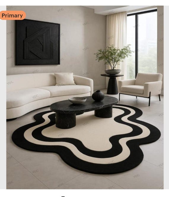 Custom Hand Tufted Black  White Irregular Rug with Red Accents New Zealand wool Modern Artistic 6x8 Rug