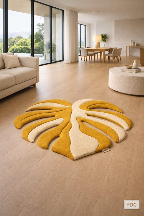 Hand Tufted Leaf Shape Area Rug, Modern Yellow & Ivory Wool Accent Rug