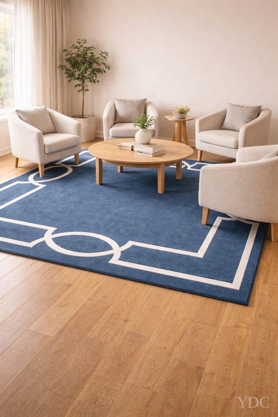 Blue Geometric Border Rug, Hand Tufted New Zealand Wool Living Room Carpet