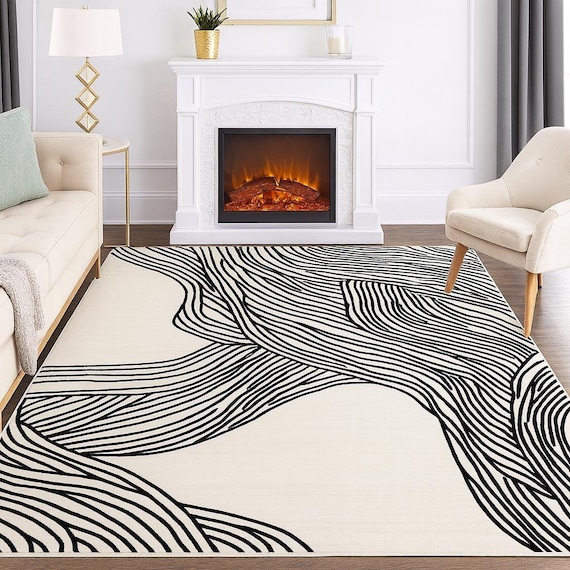 Modern Abstract Line Art Rug | Hand Tufted Wool Area Carpet for Living Room & Bedroom