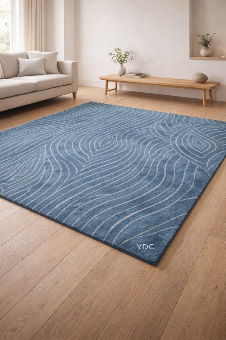 Hand Tufted Modern Blue Area Rug – Abstract Wave Living Room & Bedroom ...