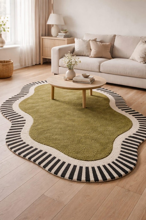 Aesthetic hand tufted wool rug with dark background and light lines resembles natural pattern for home decor, office, kids room and more.