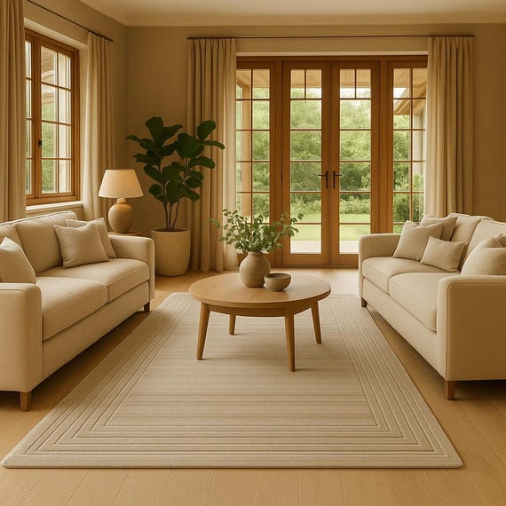 Minimalist Beige Textured Rug | Hand Tufted Natural Wool Carpet for Living Room