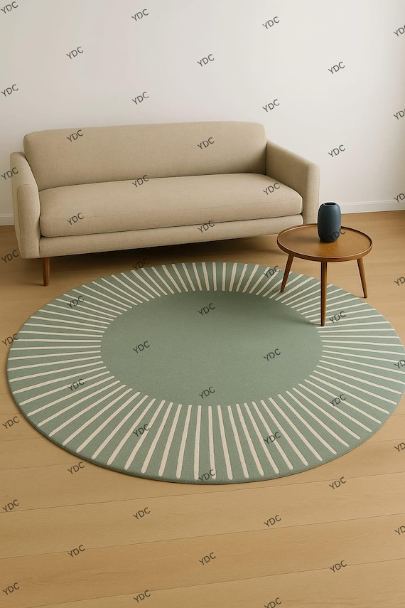 Modern Round Sunburst Rug | Hand-Tufted Wool Carpet | Minimalist Green Living Room Decor