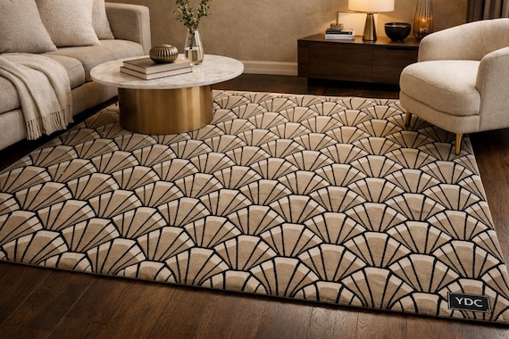 Aesthetic hand tufted wool rug with dark background and light lines resembles natural pattern for home decor, office, kids room and more.