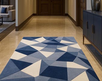 Blue Geometric Rug | Hand-Tufted Wool Carpet | Modern 3D Pattern Living Room Decor