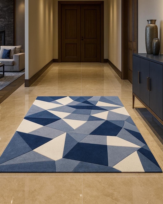 Blue Geometric Rug | Hand-Tufted Wool Carpet | Modern 3D Pattern Living Room Decor