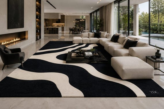 Hand Tufted Black White Abstract Wool Rug, Modern Wave Area Rug