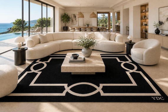 Hand Tufted Art Deco Rug, Black White Geometric Wool Area Carpet