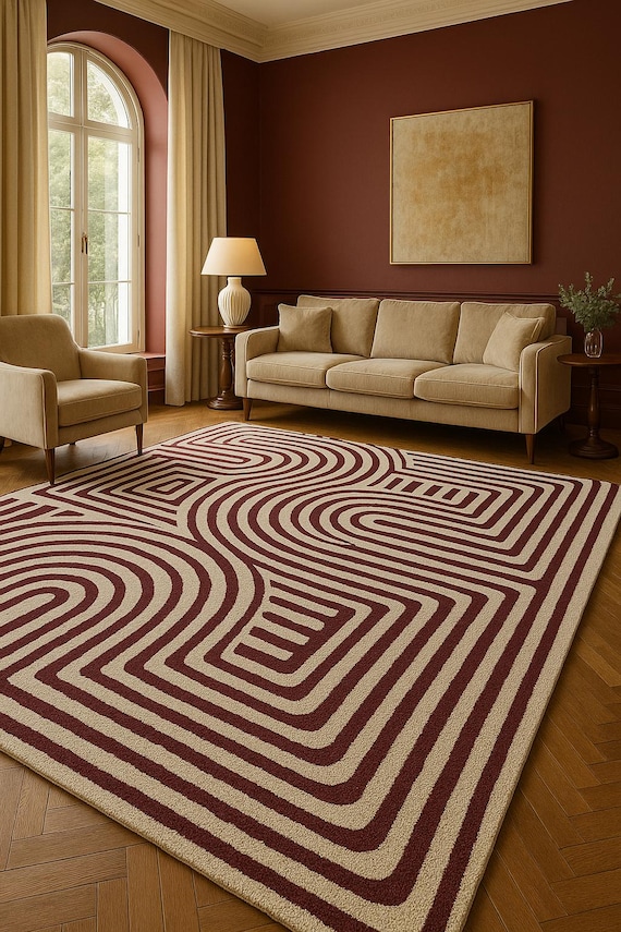 Hand-Tufted Abstract Labyrinth Rug in Crimson and Cream 8x10 Rug for Home Decor Living Room Wool Rug Large Area Rug for Kids Room By-YDC