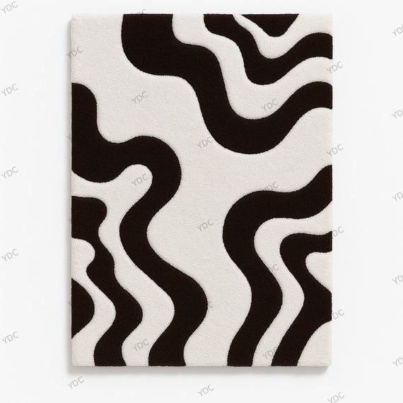 Black and White Wavy Abstract Rug | Hand Tufted Modern Area Carpet