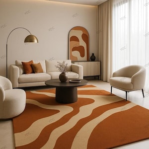 Hand Tufted Abstract Rug, Terracotta Cream Modern Wool Area Carpet
