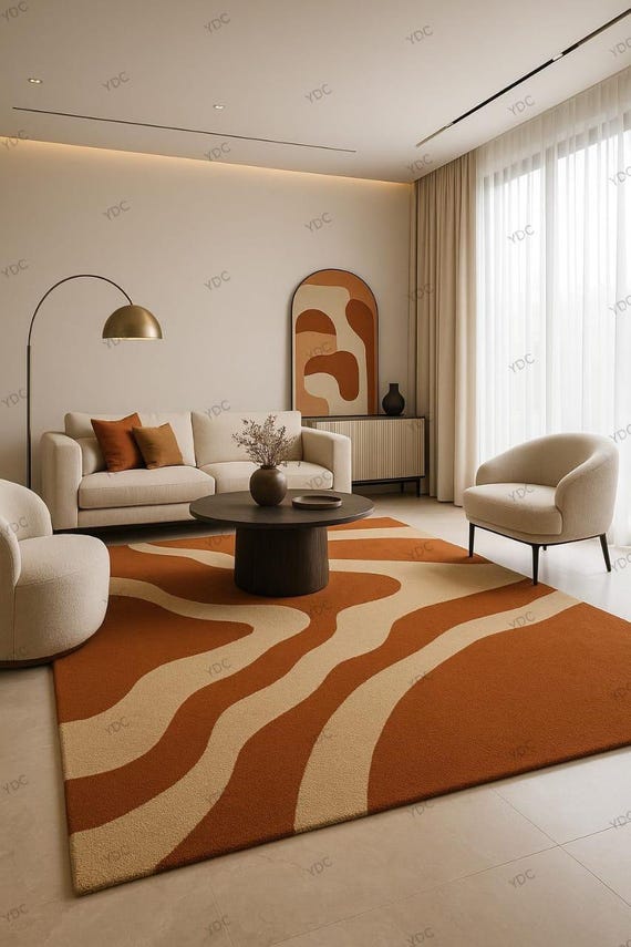 Hand Tufted New Zealand Wool Rug: Earth Tone Wave Design