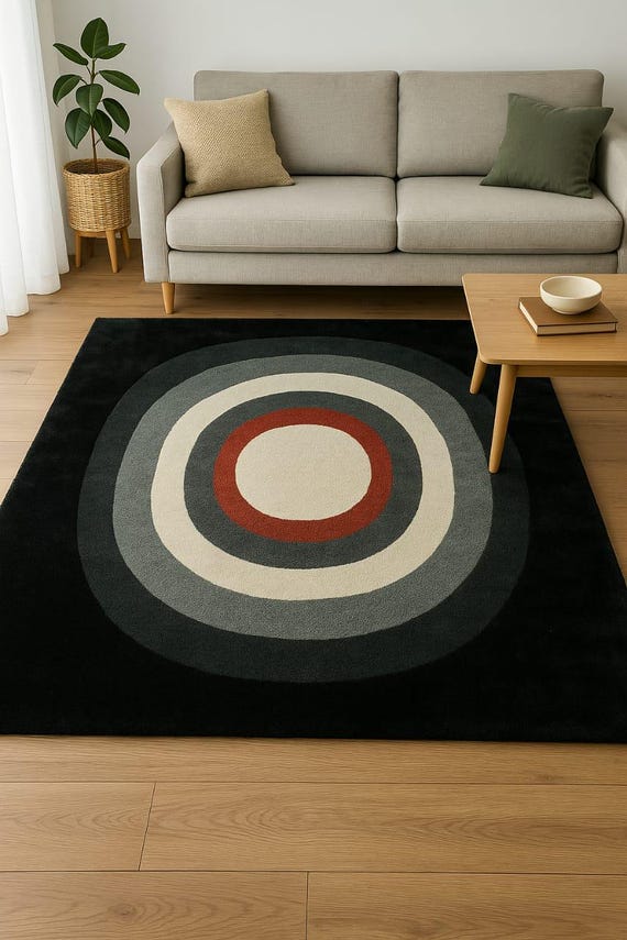 Modern Multi Ring Target Rug | Hand Tufted Black Circle Area Carpet