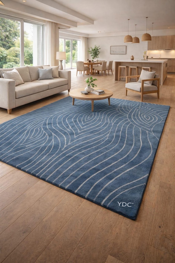 Hand Tufted Modern Blue Area Rug – Abstract Wave Living Room & Bedroom Décor