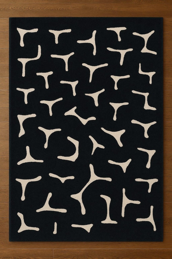 Hand Tufted Black Cream Abstract Rug, Modern Artistic Area Rug