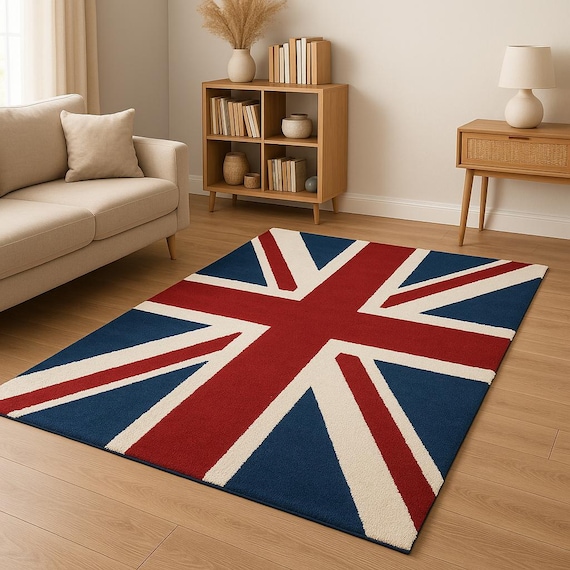 British Pride Union Jack Wool Rug the essence of the rug's design and material, highlighting its patriotic theme and quality  By-YDC