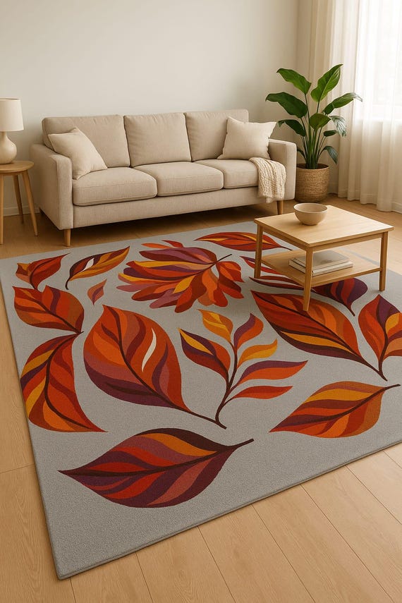 Hand Tufted Wool Area Rug: Falling Leaves Botanical Design