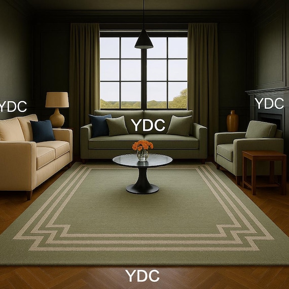 Minimal Border Rug | Hand-Tufted High-low Wool Carpet | Modern Sage Green Living Room Decor