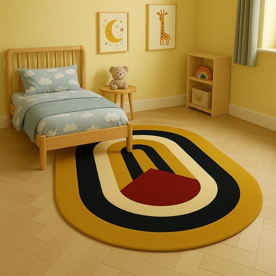 Retro Arch Kids Rug | Hand Tufted Wool Carpet | Modern Mustard Nursery Decor