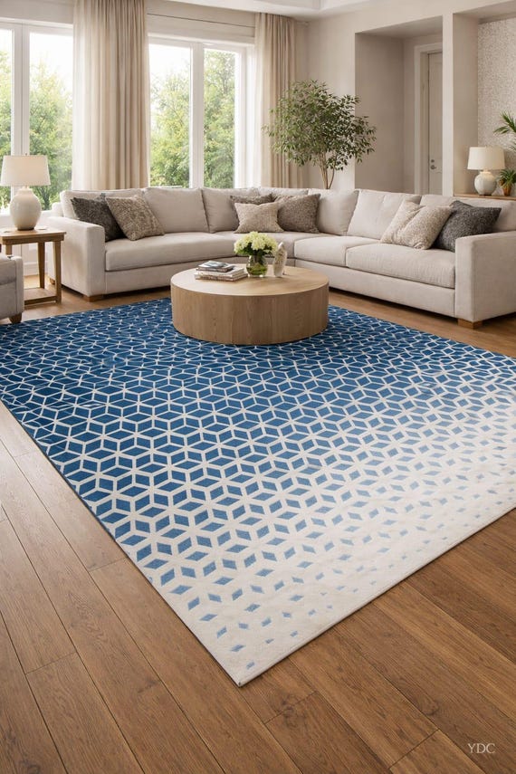 Hand Tufted Geometric Gradient Area Rug – New Zealand Wool Blue & White