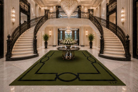Hand Tufted Olive Green Rug, Black Geometric Border, Modern Luxury Wool Carpet