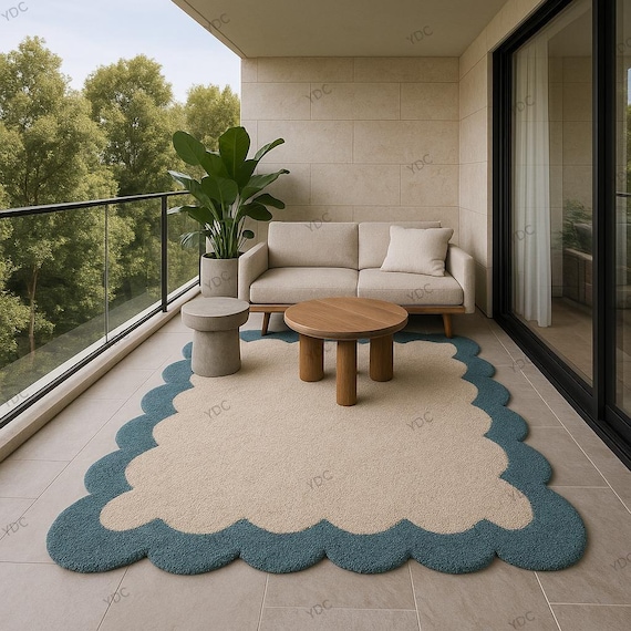Scalloped Border Wool Rug • Modern Wavy Edge Area Carpet • Custom Size Living Room Rug