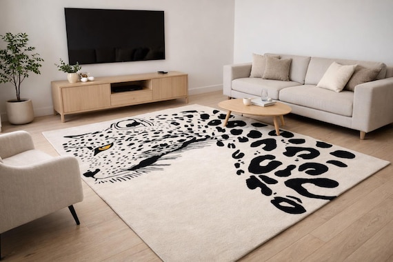 Hand Tufted Leopard Face Rug – Modern Animal Print Area Rug, New Zealand Wool
